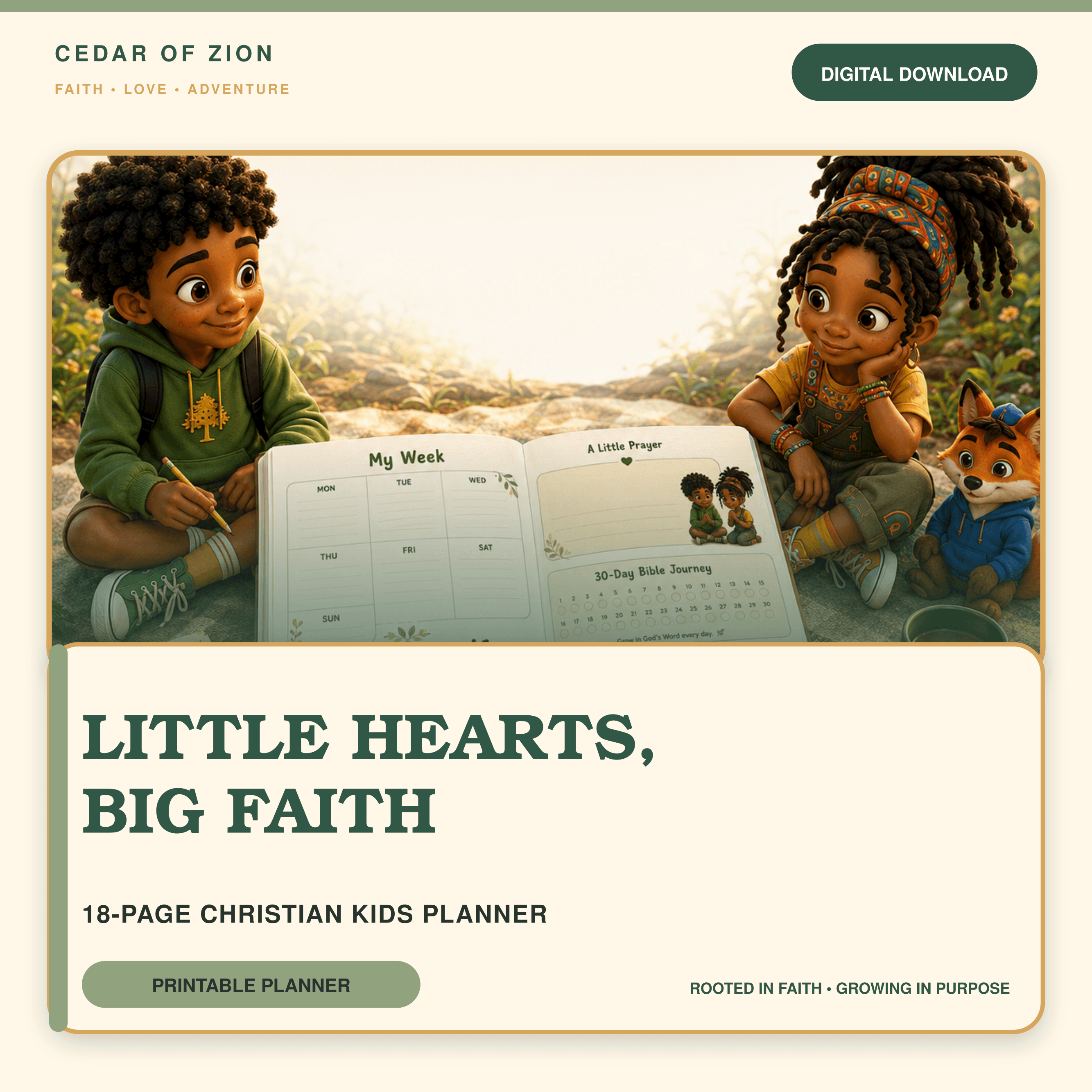 Little Hearts, Big Faith planner cover preview on a warm cream and forest-green Cedar of Zion design.