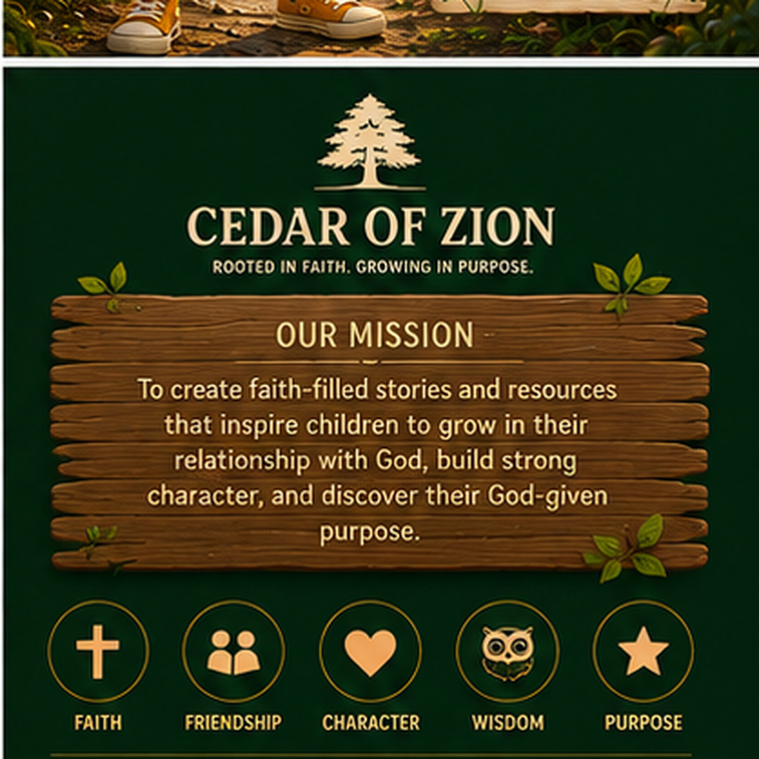 A Cedar of Zion mission board illustration showing the brand's guiding words.