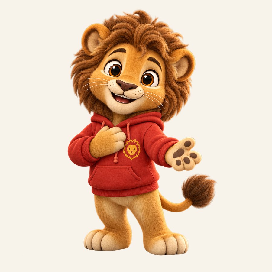Leo the lion in a red hoodie with a golden lion emblem.