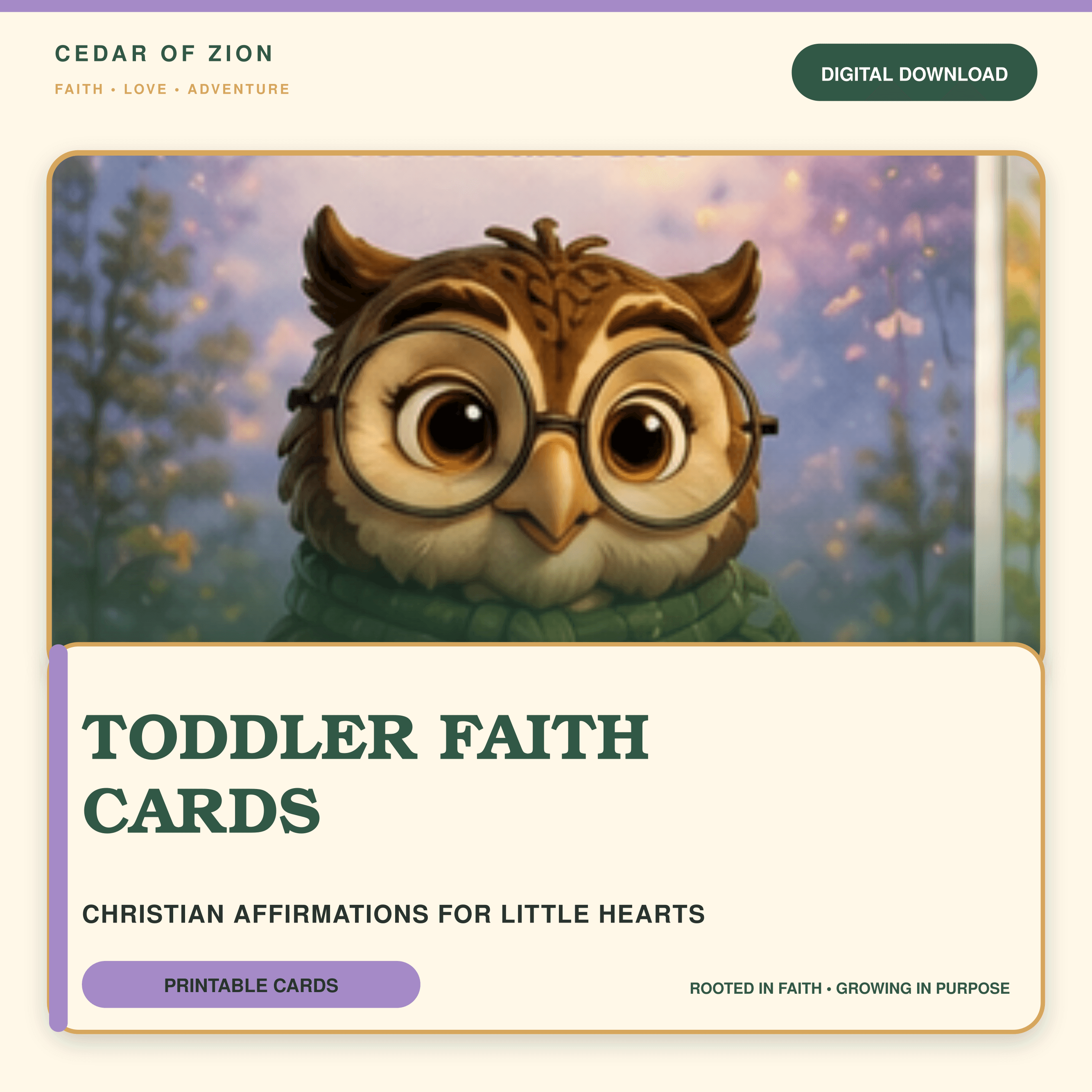 Cedar of Zion Toddler Faith Cards cover showing illustrated affirmation cards on a cream background.