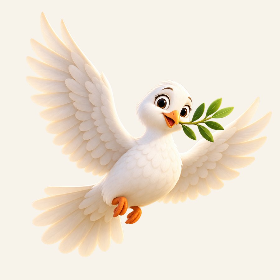 Peace, a white dove carrying a small green olive branch.