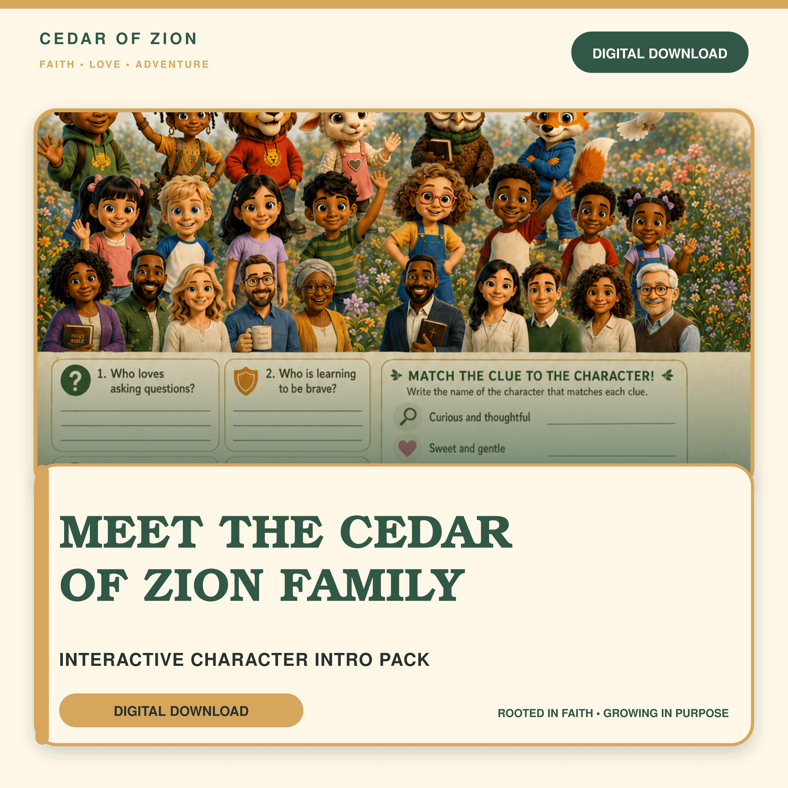 Meet the Cedar of Zion Characters activity book cover with the friends together on a cream and forest-green design.