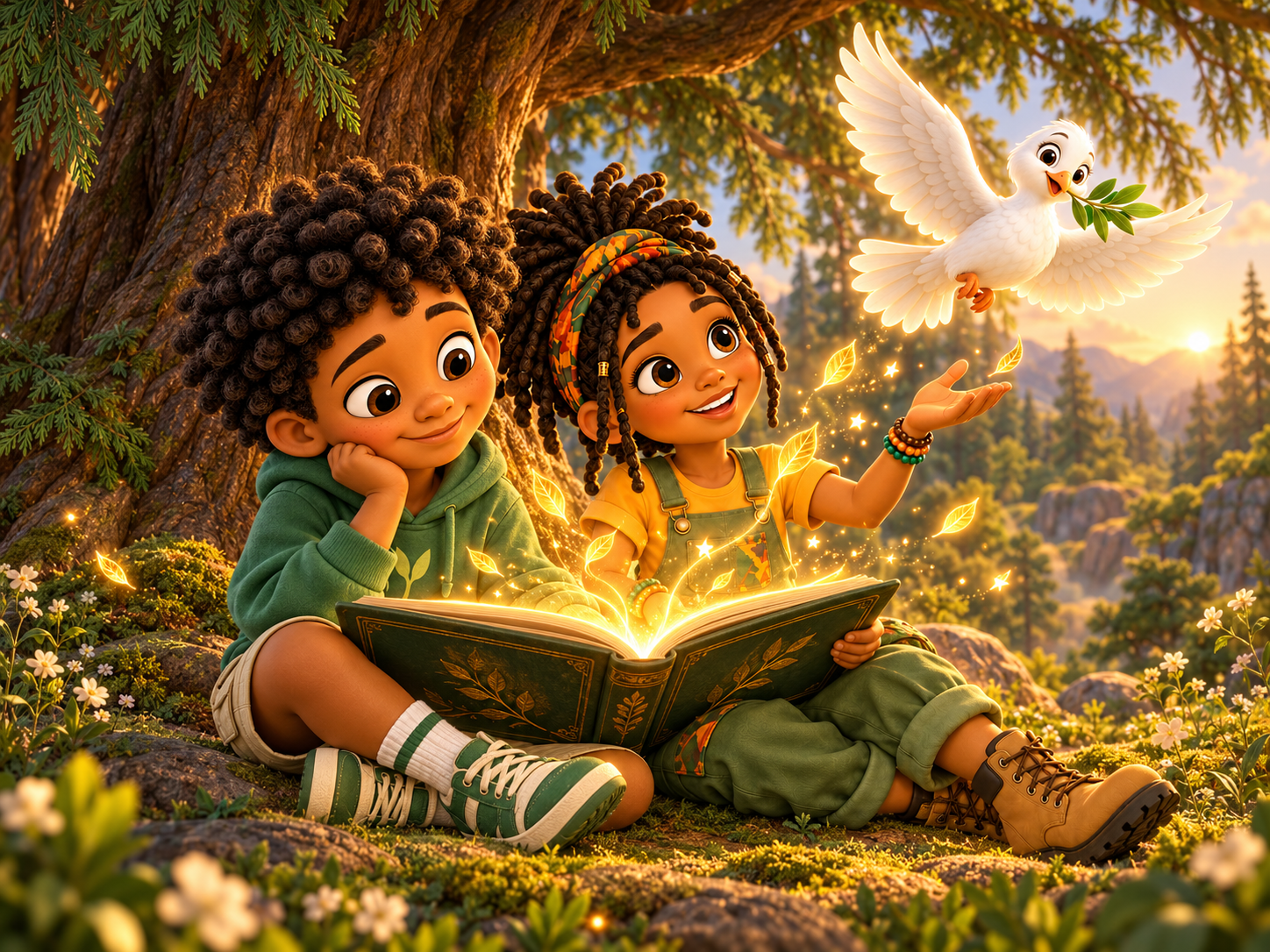 Cedar and Zion reading a glowing storybook beneath a cedar tree while Peace flies overhead.