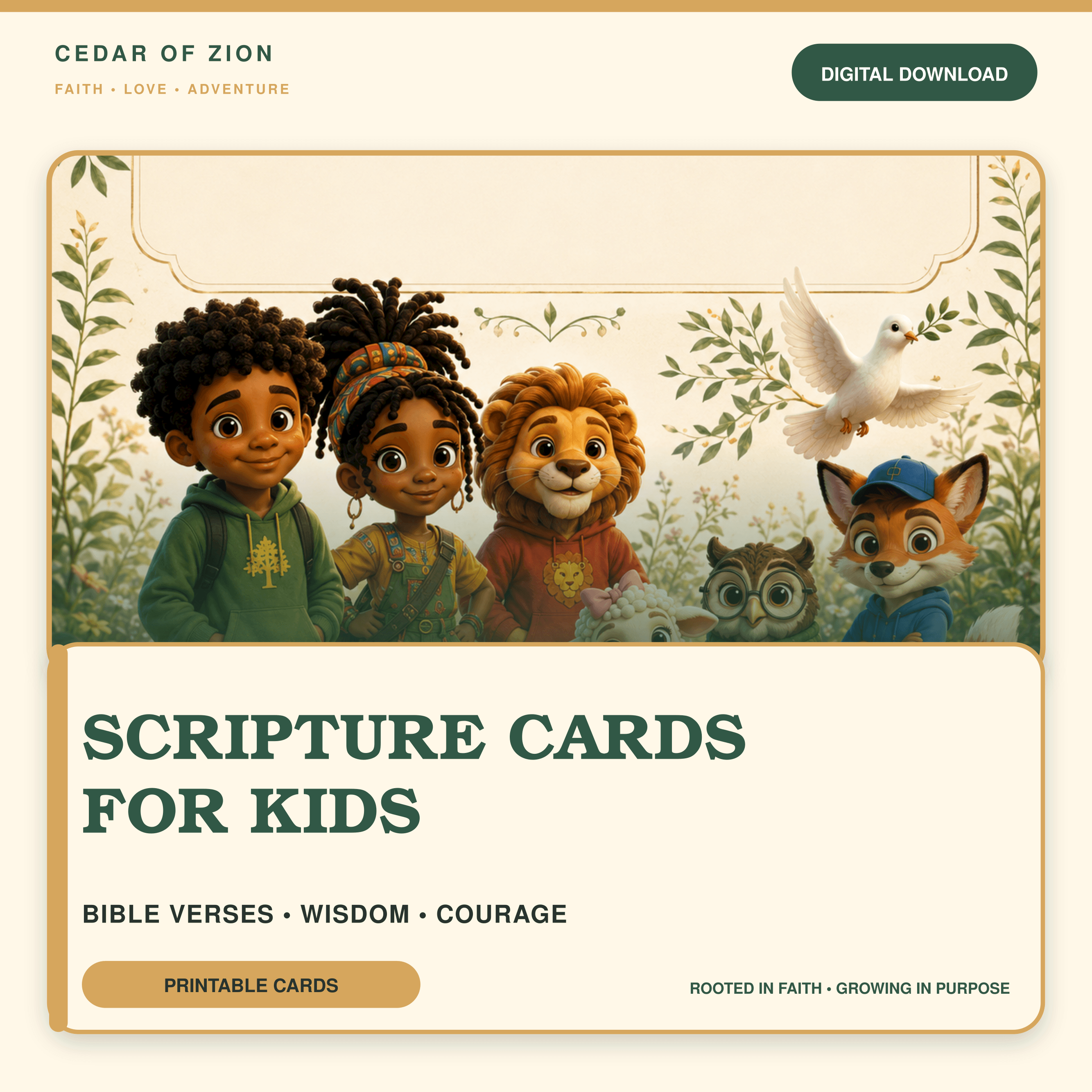 Cedar of Zion Scripture Cards for Kids cover showing illustrated verse cards on a cream background.