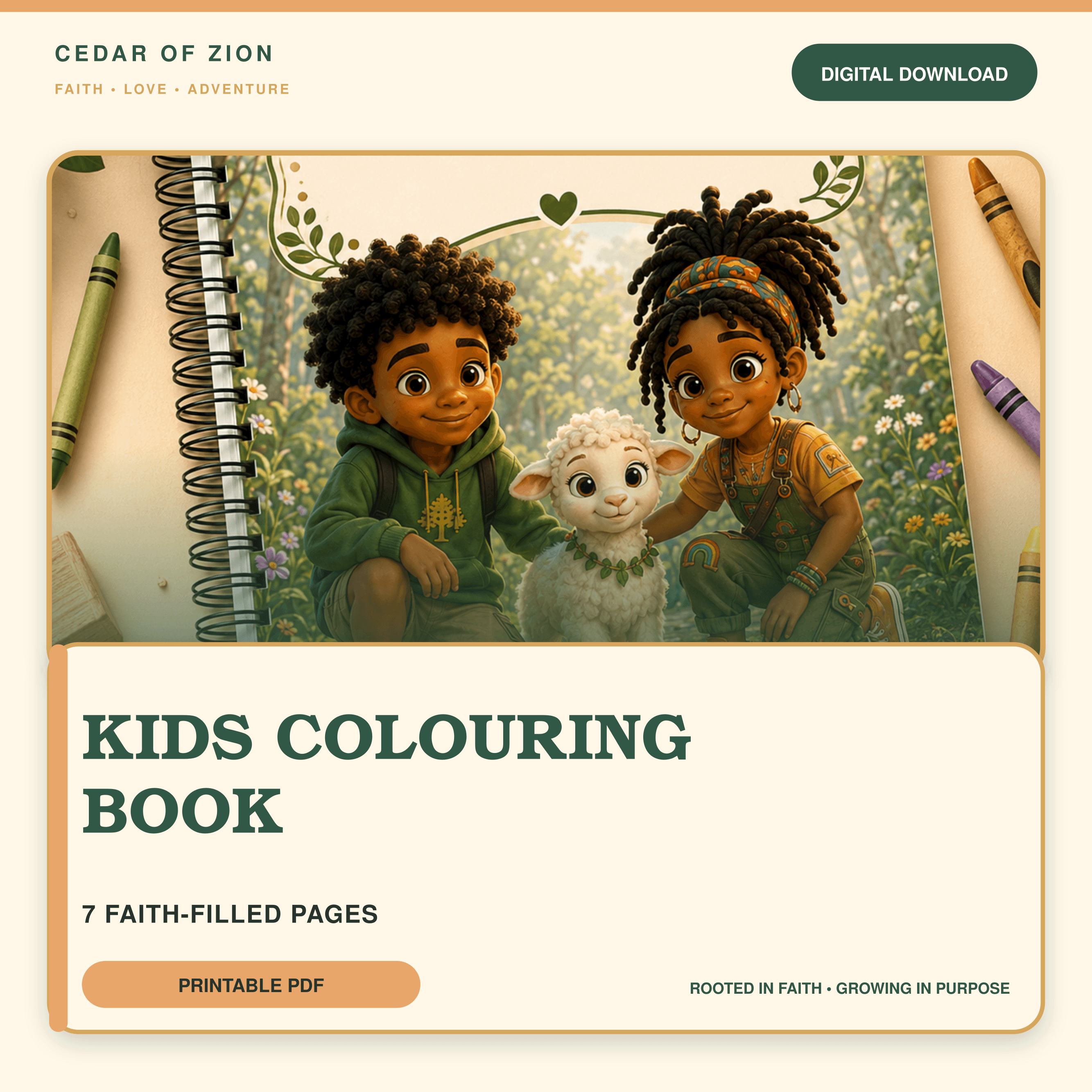 Cedar of Zion colouring book cover with Cedar and friends in warm cream and forest-green branding.