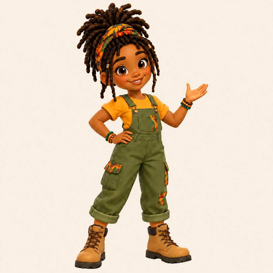 Zion, a young girl with locs gathered high beneath a colourful patterned headband, wearing a mustard top and olive-green cargo overalls, standing on a wildflower path.
