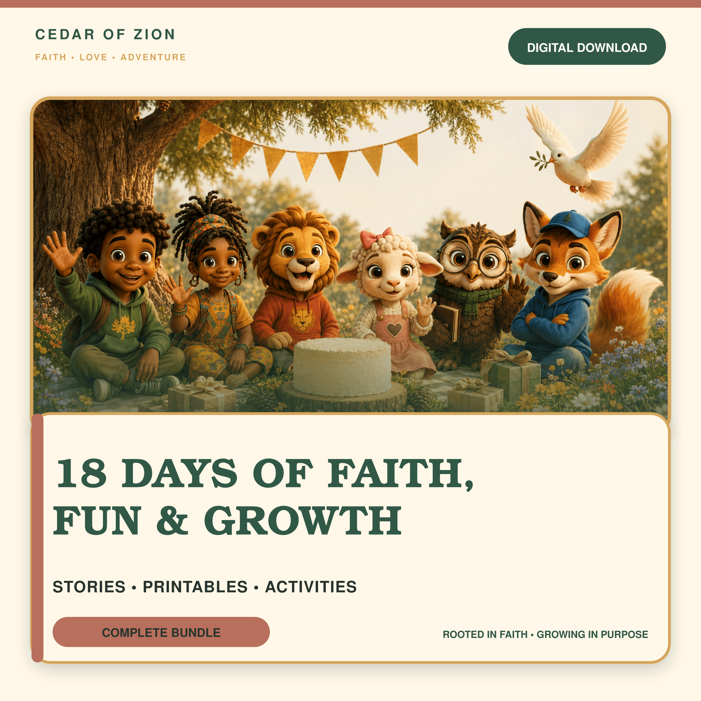 Cedar of Zion cover for 18 Days of Faith, Fun & Growing With God, showing the friends on a warm cream and forest-green design.